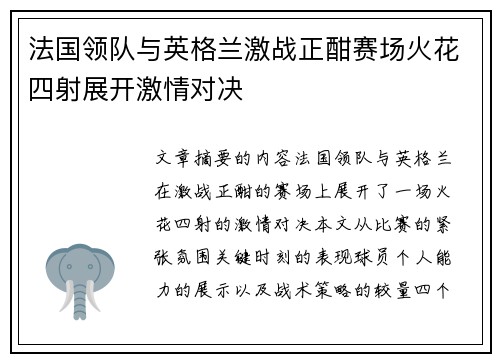 法国领队与英格兰激战正酣赛场火花四射展开激情对决